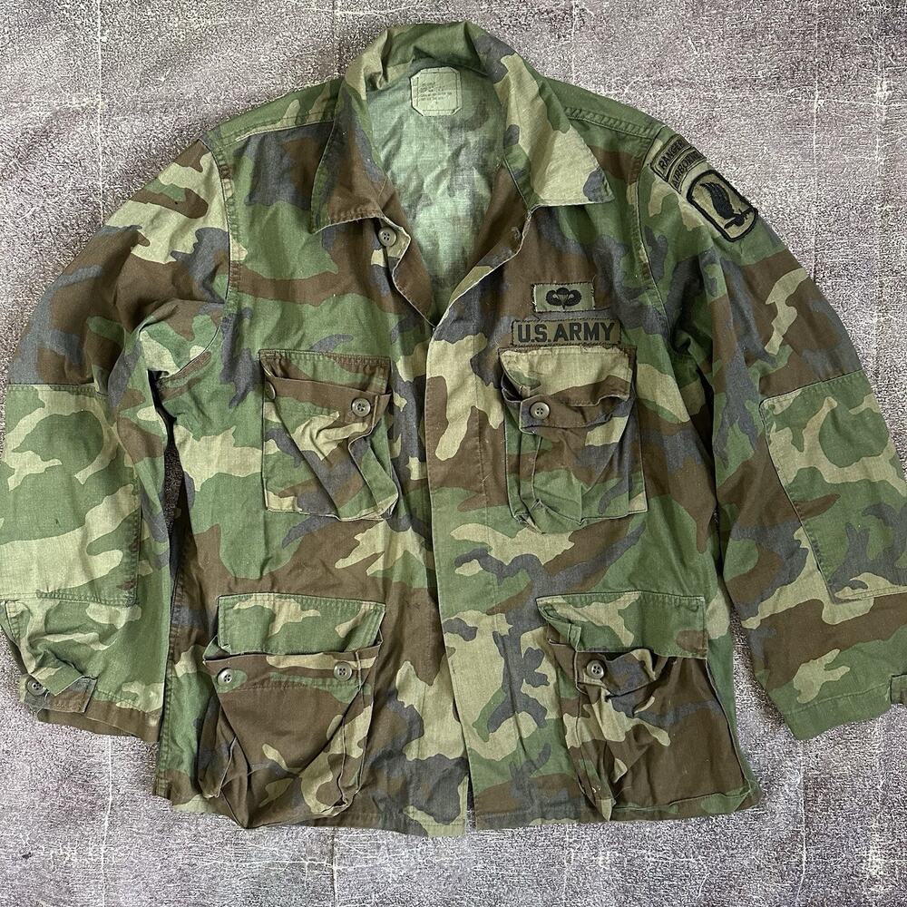 Men's Vintage 90's US Army Green Camouflage Military Button Up Shirt Jacket Sz L